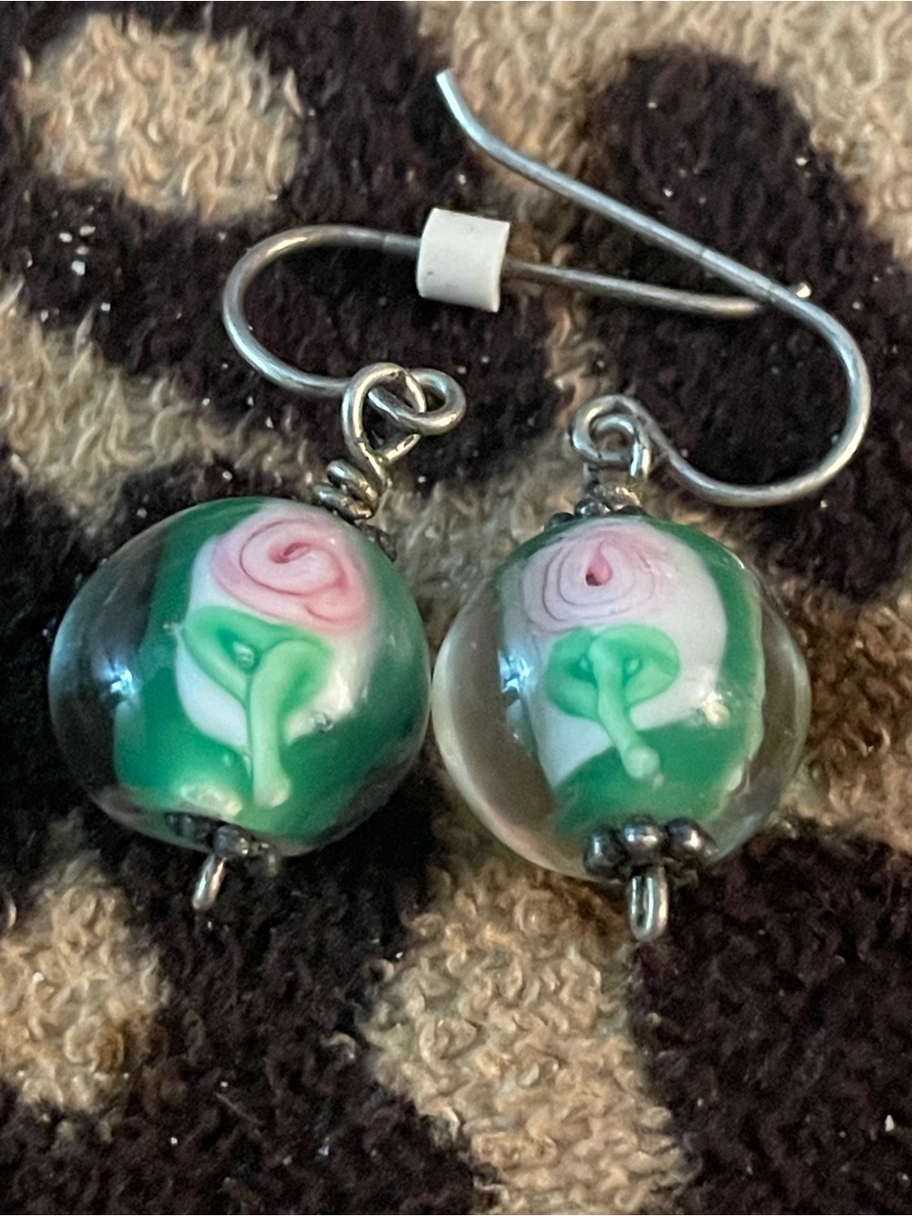 Handmade Floral Glass Bead Earrings - Pink & Green